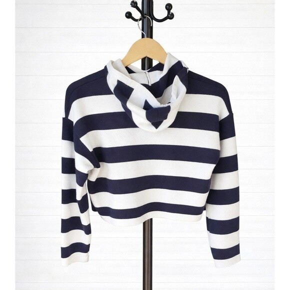 Primark Cares Cropped Navy and white Striped Hoodie 3/4 Sleeve 2XS - Picture 2 of 6